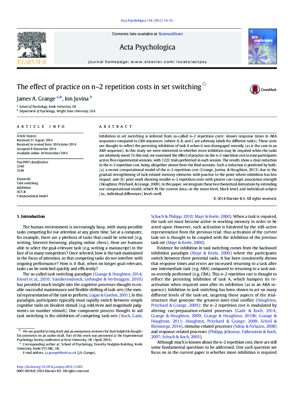 The effect of practice on n–2 repetition costs in set switching 