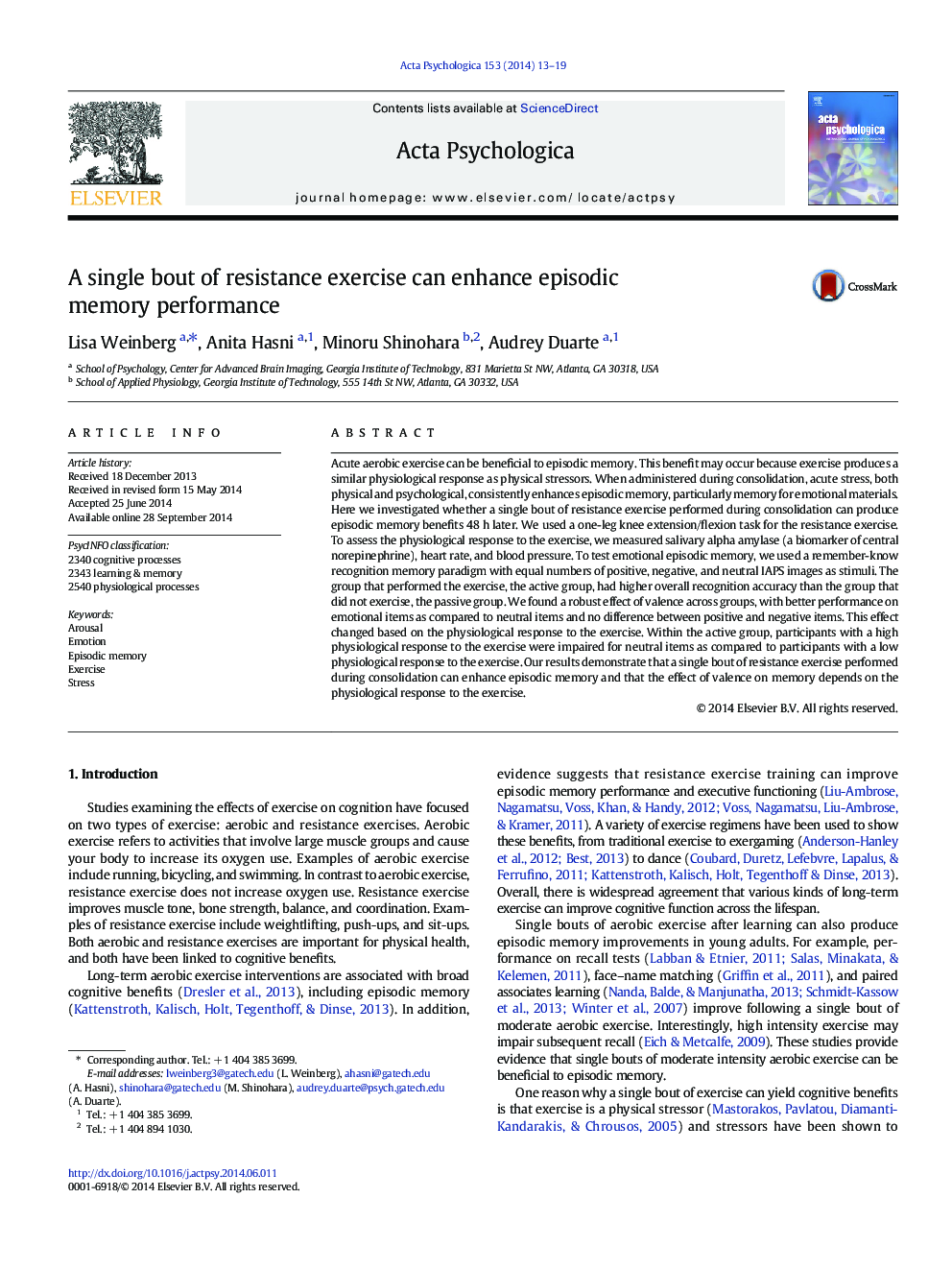 A single bout of resistance exercise can enhance episodic memory performance