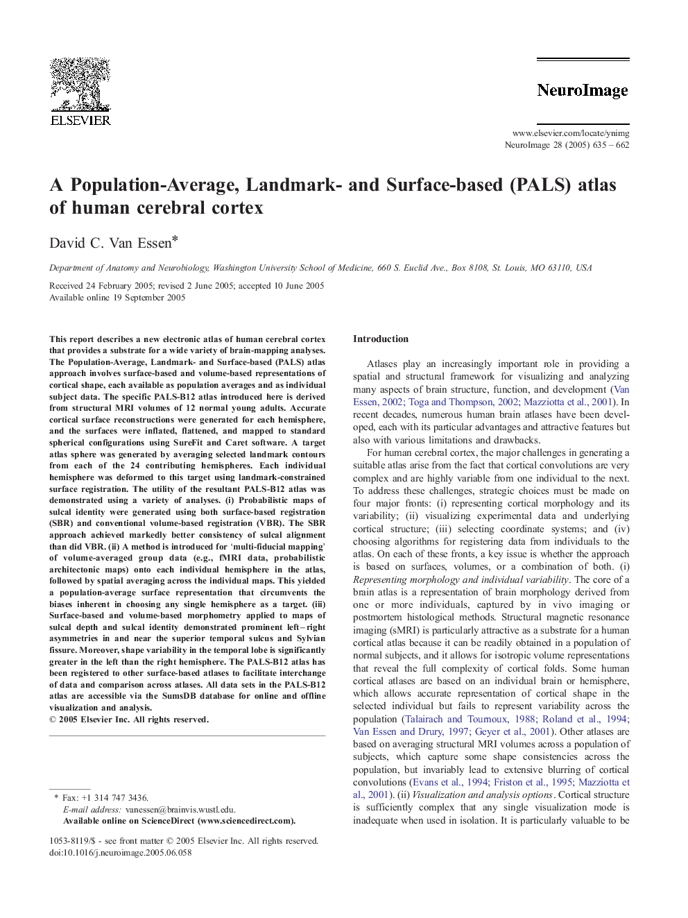 A Population-Average, Landmark- and Surface-based (PALS) atlas of human cerebral cortex