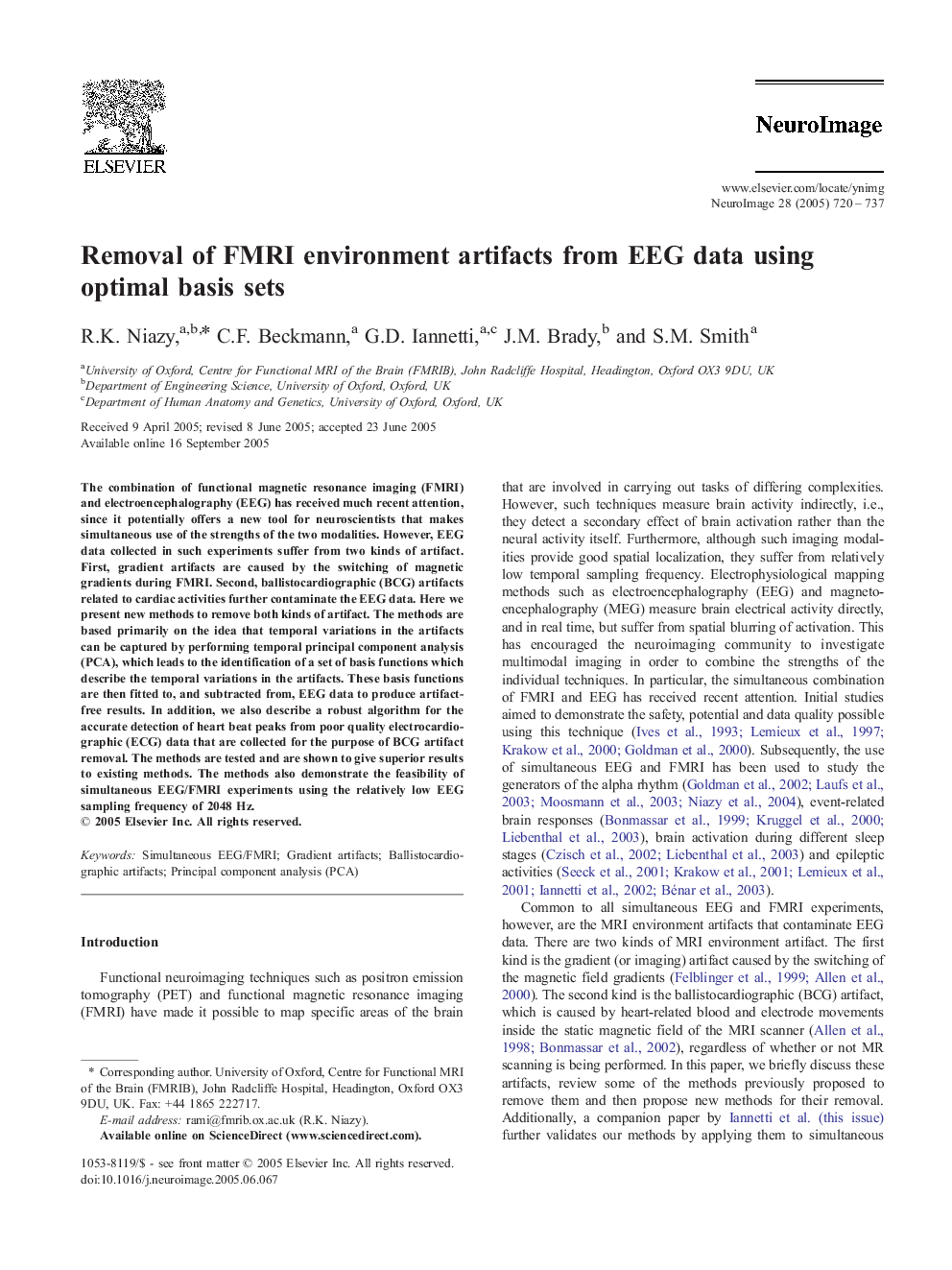 Removal of FMRI environment artifacts from EEG data using optimal basis sets