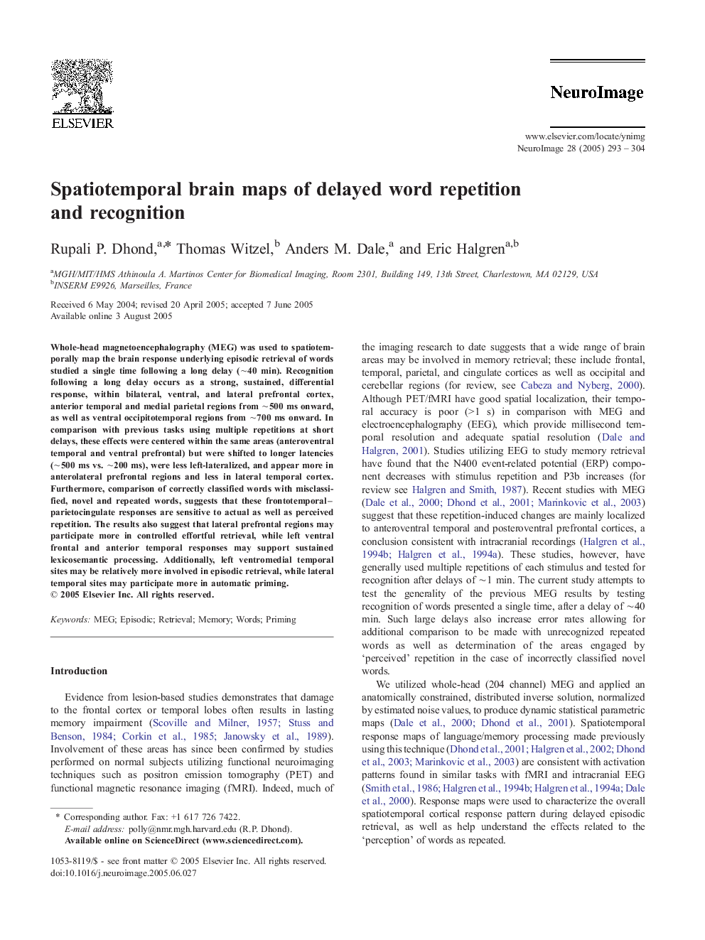 Spatiotemporal brain maps of delayed word repetition and recognition