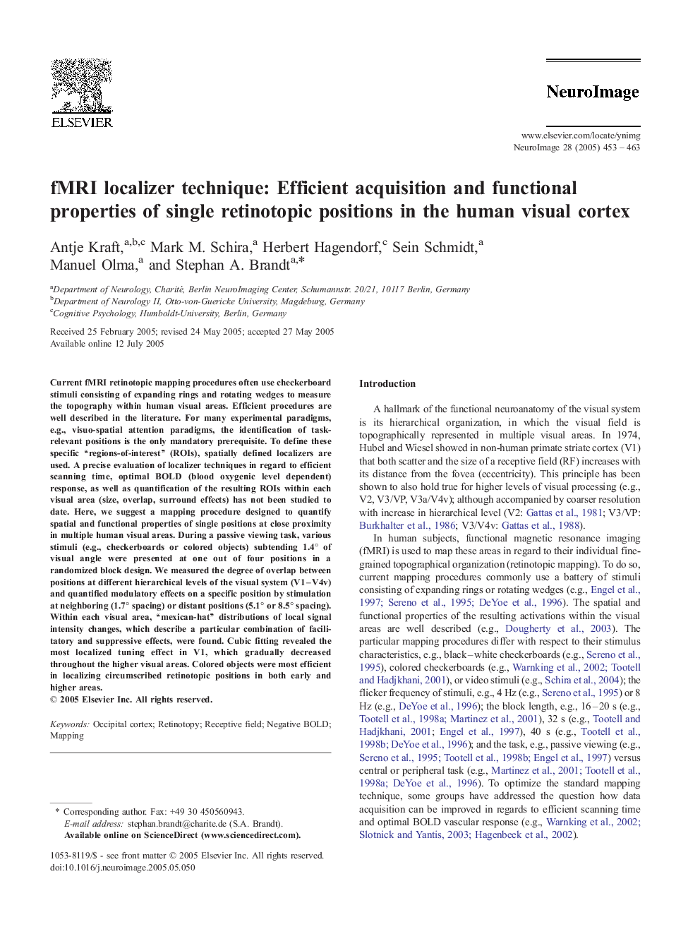 fMRI localizer technique: Efficient acquisition and functional properties of single retinotopic positions in the human visual cortex