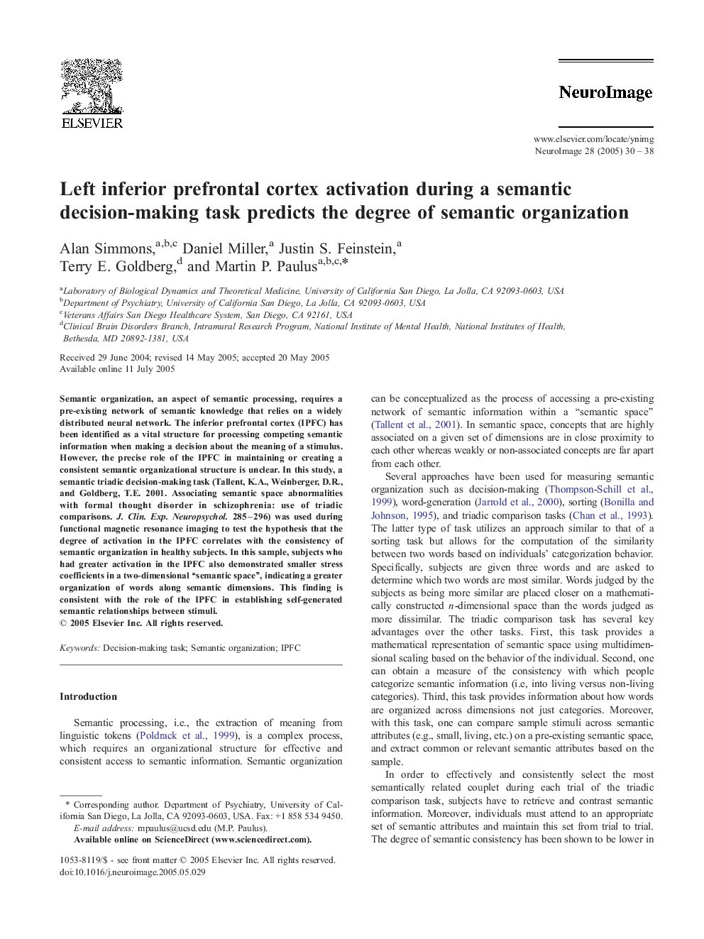 Left inferior prefrontal cortex activation during a semantic decision-making task predicts the degree of semantic organization