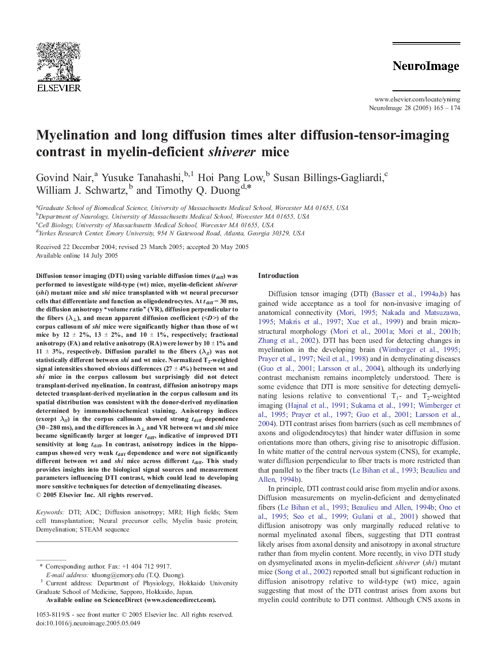 Myelination and long diffusion times alter diffusion-tensor-imaging contrast in myelin-deficient shiverer mice