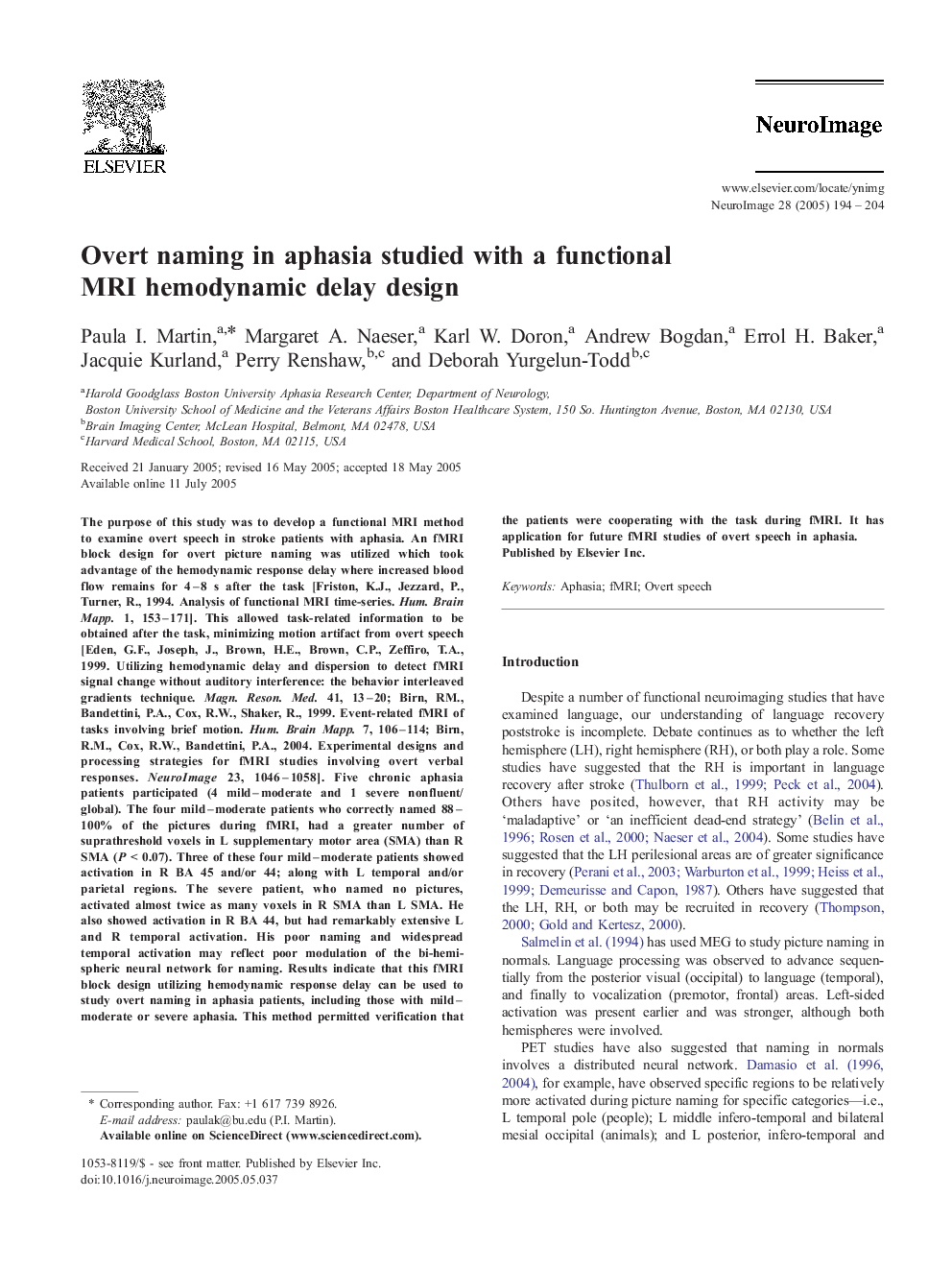 Overt naming in aphasia studied with a functional MRI hemodynamic delay design