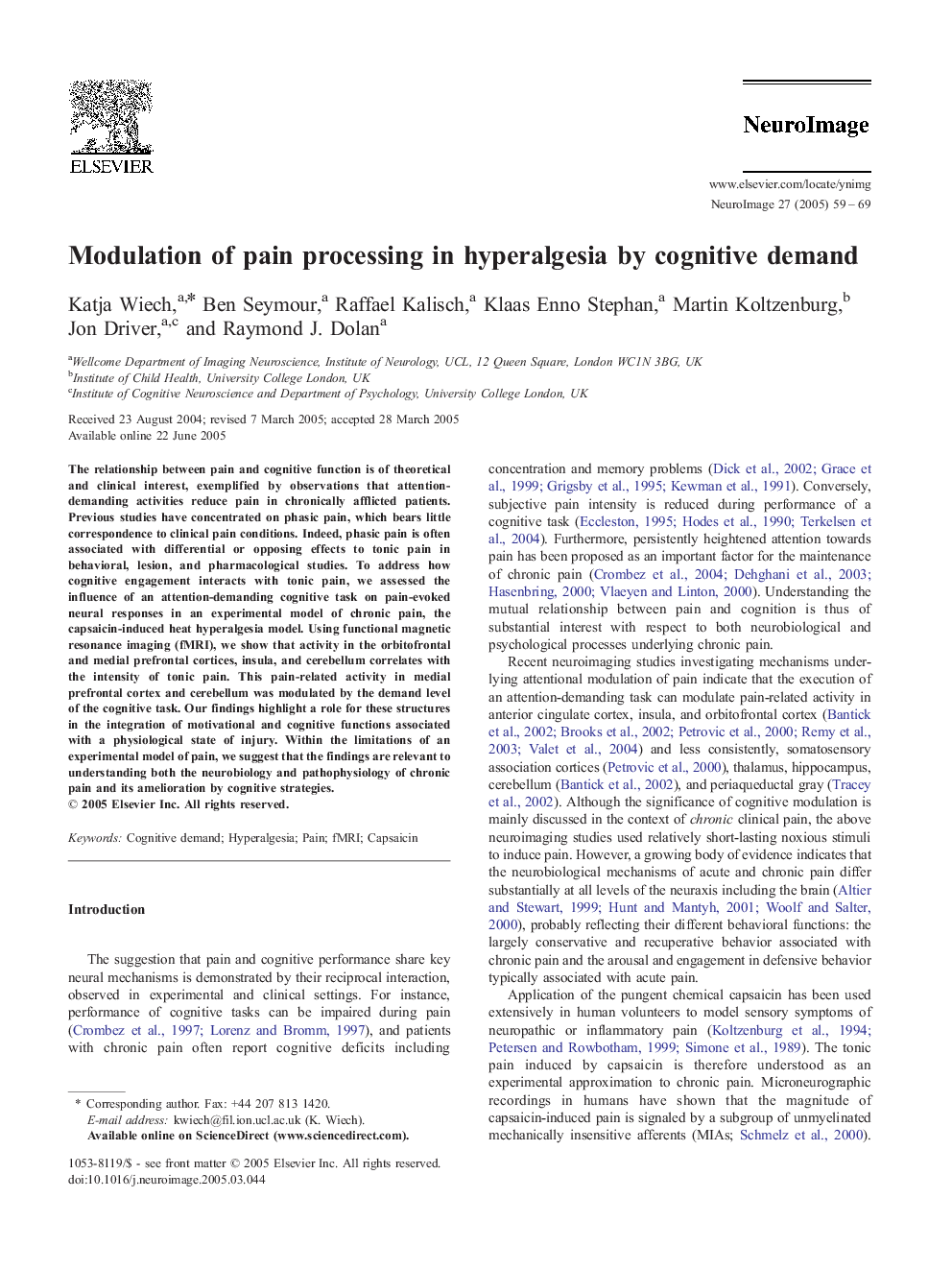 Modulation of pain processing in hyperalgesia by cognitive demand