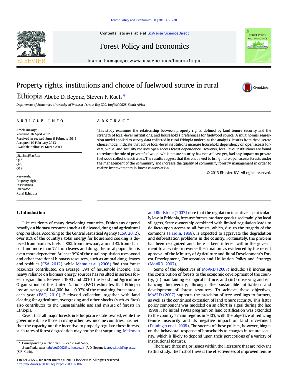 Property rights, institutions and choice of fuelwood source in rural Ethiopia