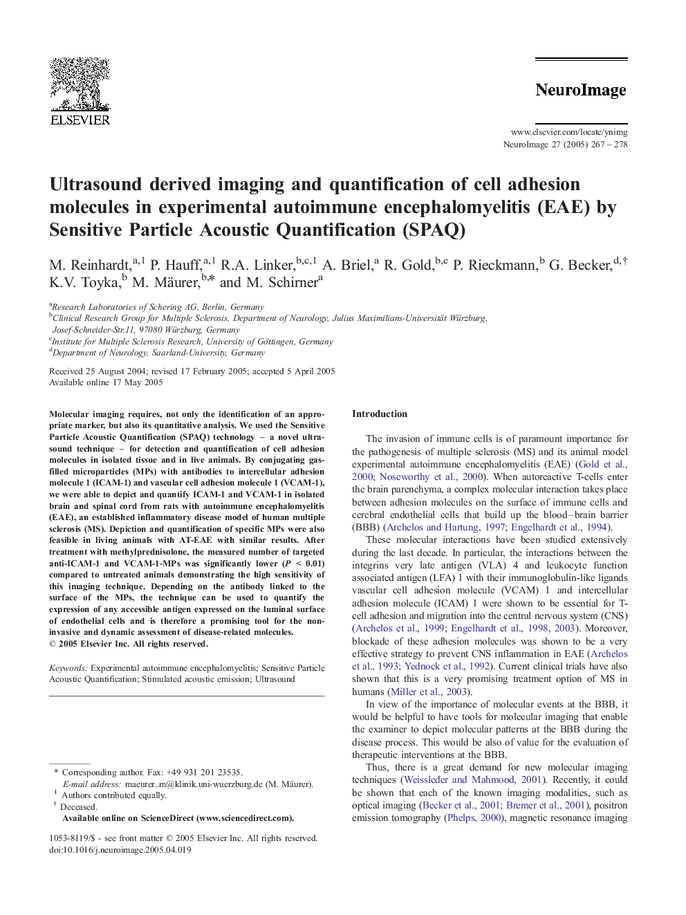 Ultrasound derived imaging and quantification of cell adhesion molecules in experimental autoimmune encephalomyelitis (EAE) by Sensitive Particle Acoustic Quantification (SPAQ)