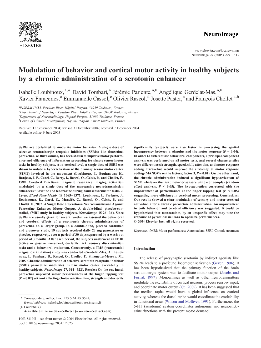 Modulation of behavior and cortical motor activity in healthy subjects by a chronic administration of a serotonin enhancer