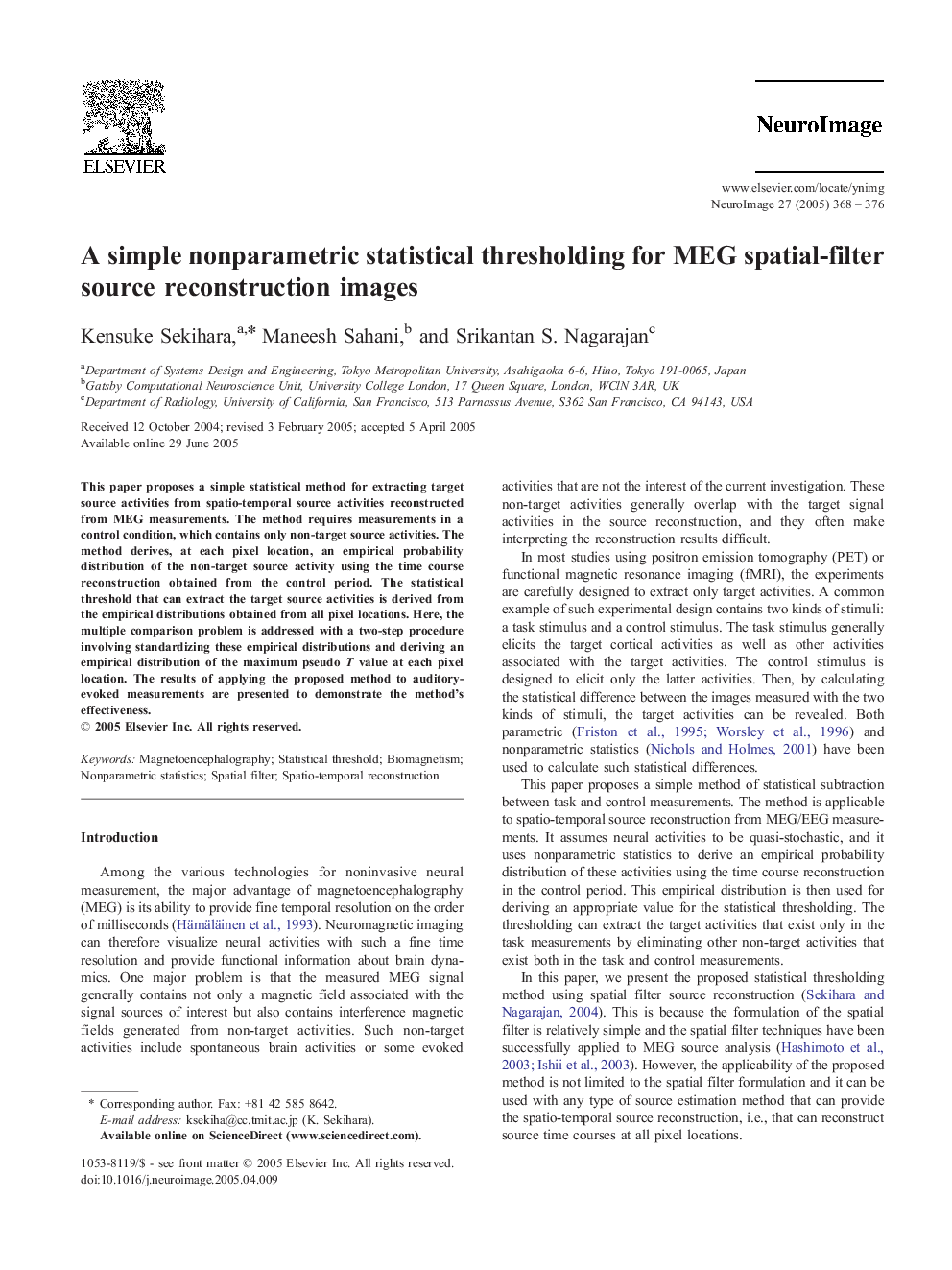 A simple nonparametric statistical thresholding for MEG spatial-filter source reconstruction images