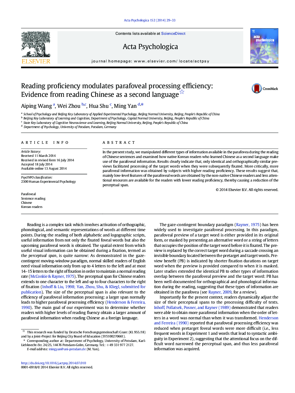 Reading proficiency modulates parafoveal processing efficiency: Evidence from reading Chinese as a second language 