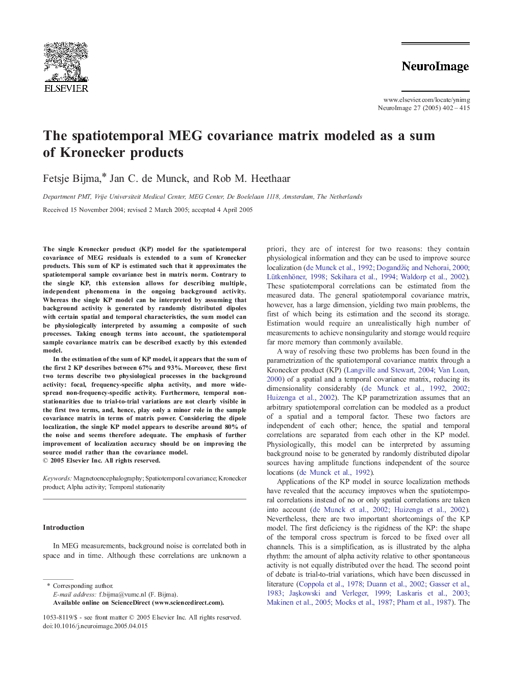 The spatiotemporal MEG covariance matrix modeled as a sum of Kronecker products