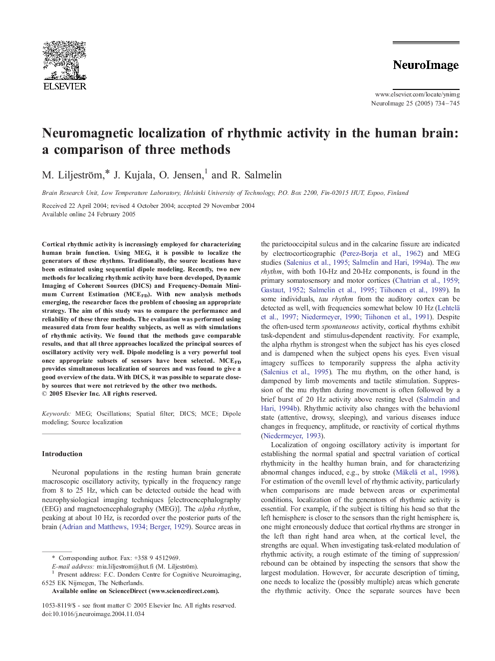 Neuromagnetic localization of rhythmic activity in the human brain: a comparison of three methods