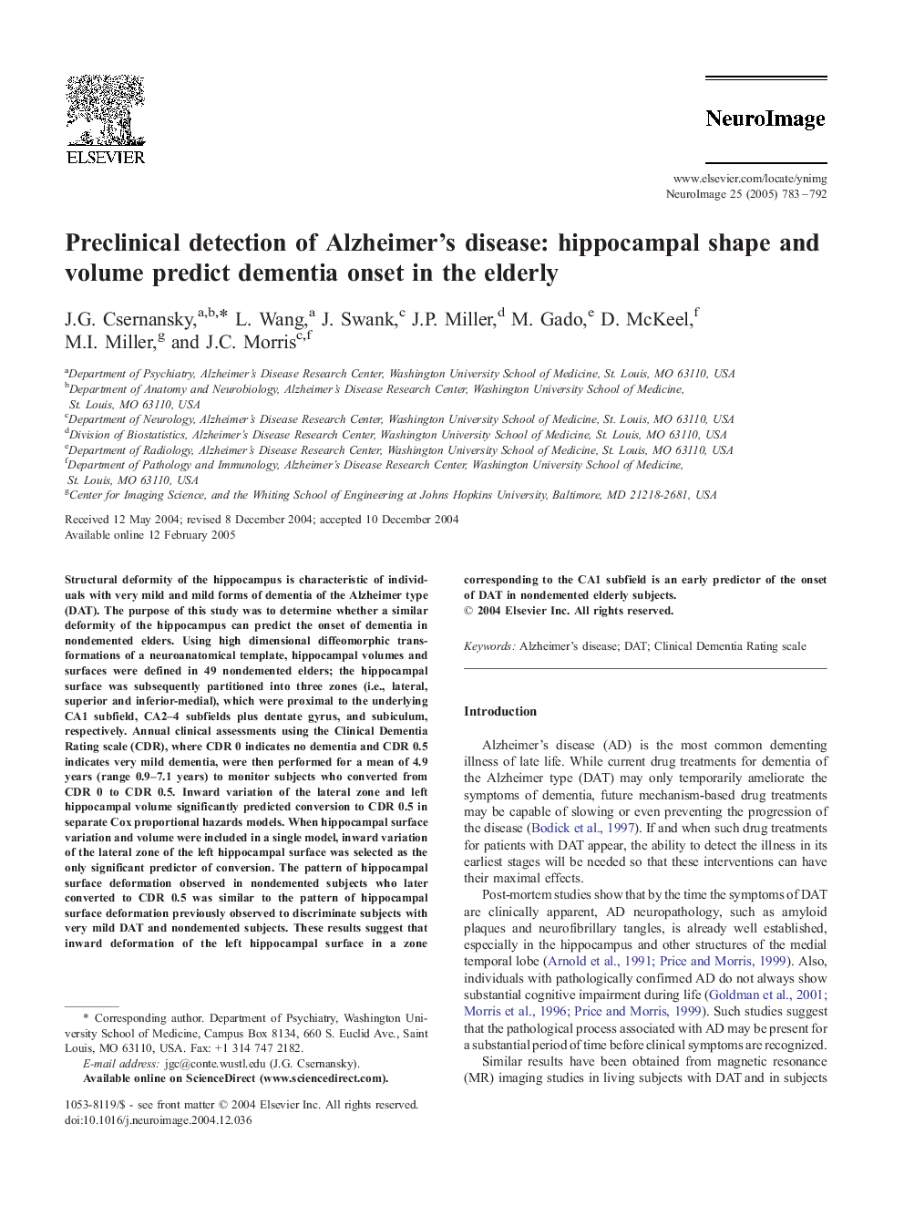 Preclinical detection of Alzheimer's disease: hippocampal shape and volume predict dementia onset in the elderly