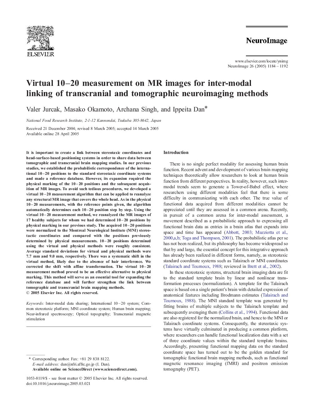 Virtual 10-20 measurement on MR images for inter-modal linking of transcranial and tomographic neuroimaging methods