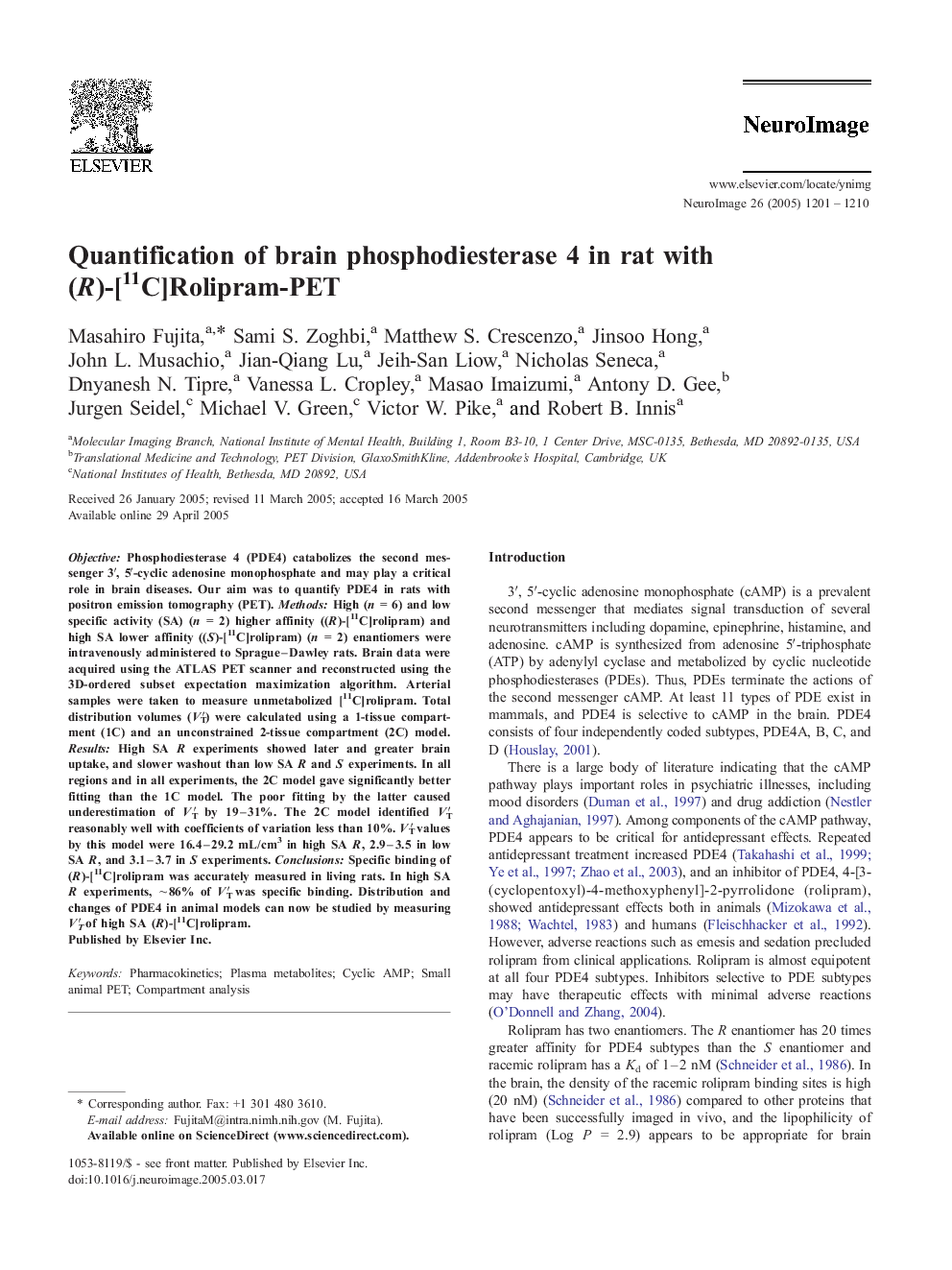 Quantification of brain phosphodiesterase 4 in rat with (R)-[11C]Rolipram-PET