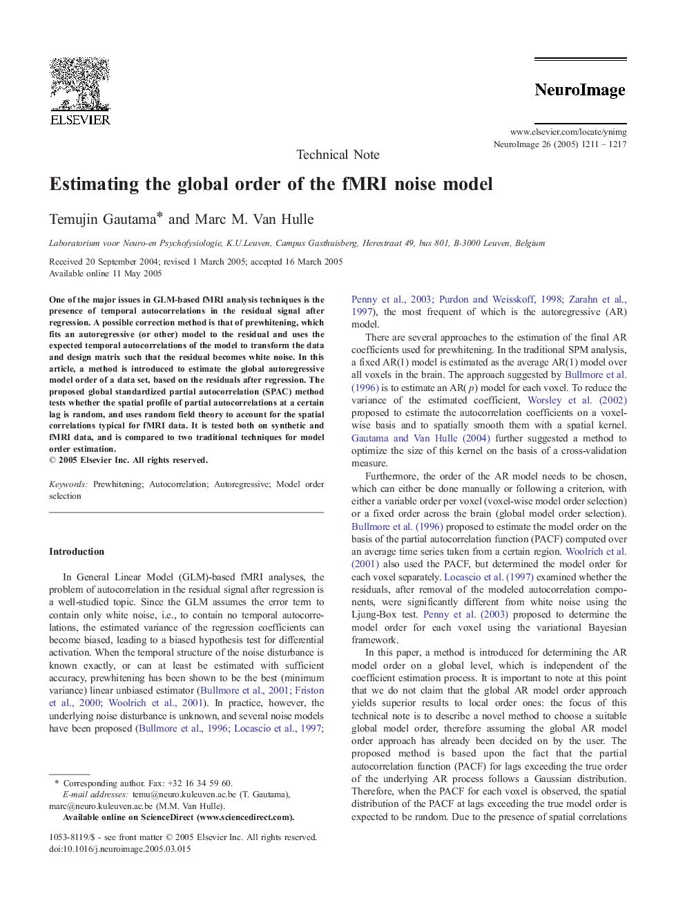 Estimating the global order of the fMRI noise model