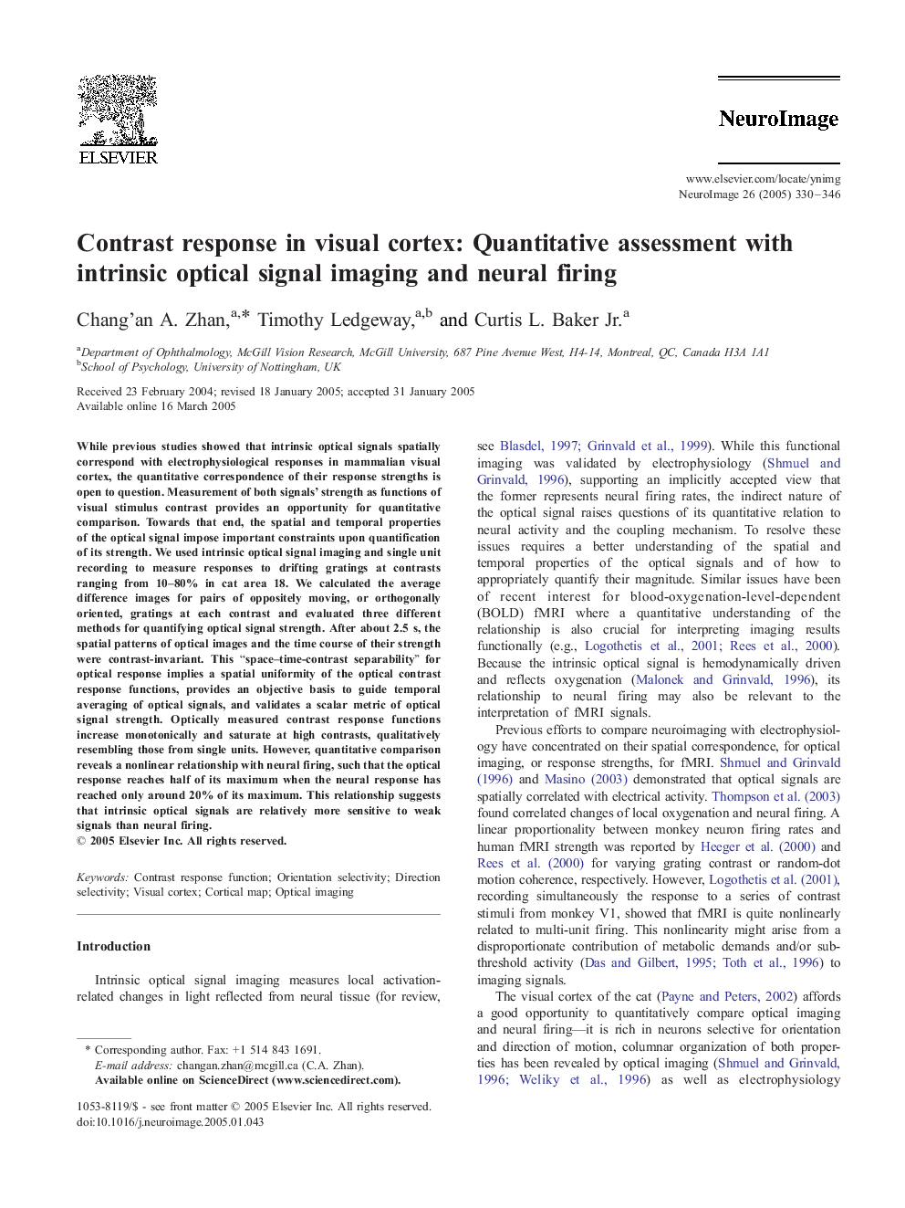 Contrast response in visual cortex: Quantitative assessment with intrinsic optical signal imaging and neural firing