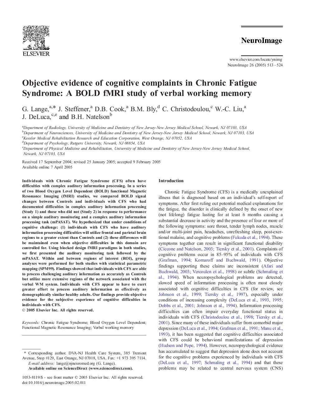 Objective evidence of cognitive complaints in Chronic Fatigue Syndrome: A BOLD fMRI study of verbal working memory