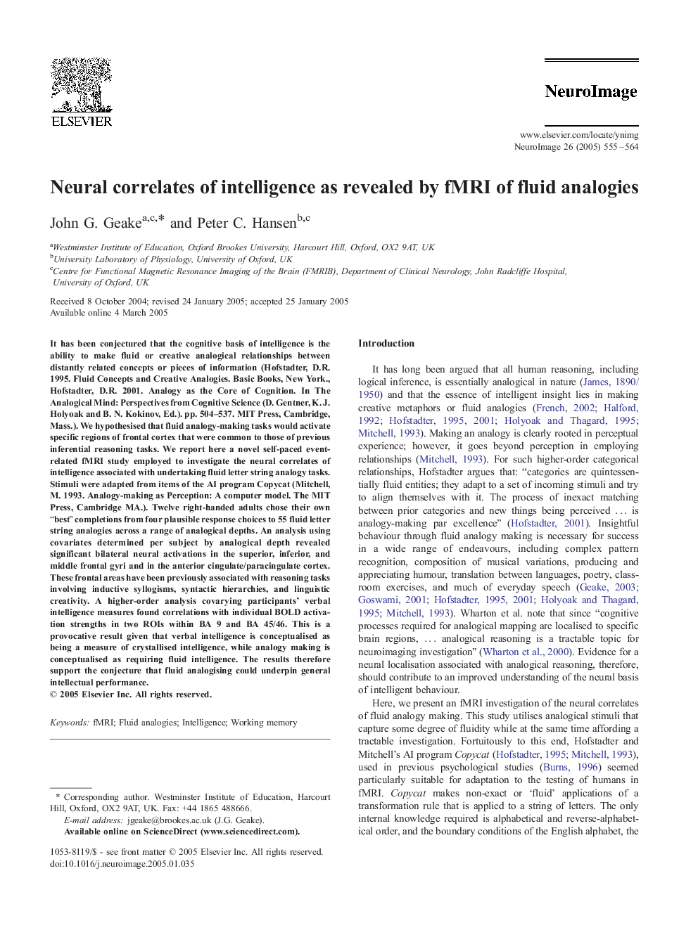 Neural correlates of intelligence as revealed by fMRI of fluid analogies