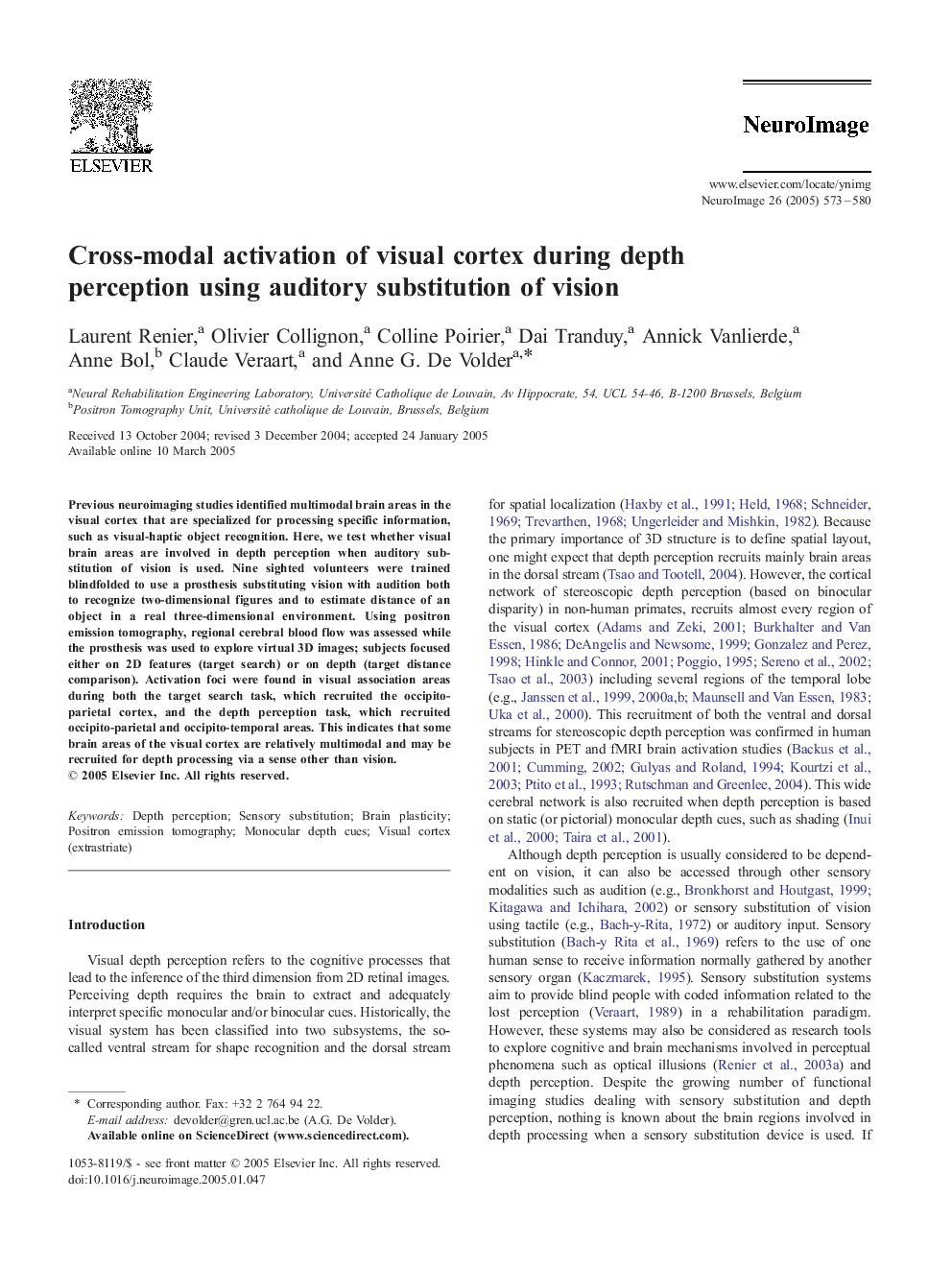 Cross-modal activation of visual cortex during depth perception using auditory substitution of vision