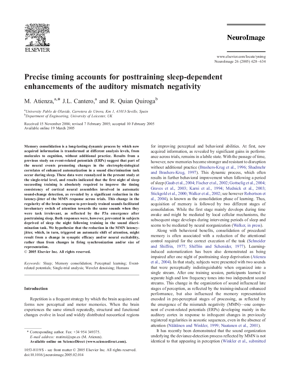 Precise timing accounts for posttraining sleep-dependent enhancements of the auditory mismatch negativity