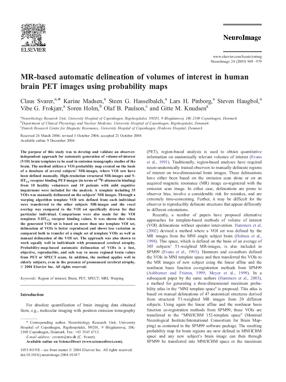 عکس صفحه اول مقاله: MR-based automatic delineation of volumes of interest in human brain PET images using probability maps MR-based automatic delineation of volumes of interest in human brain PET images using probability maps