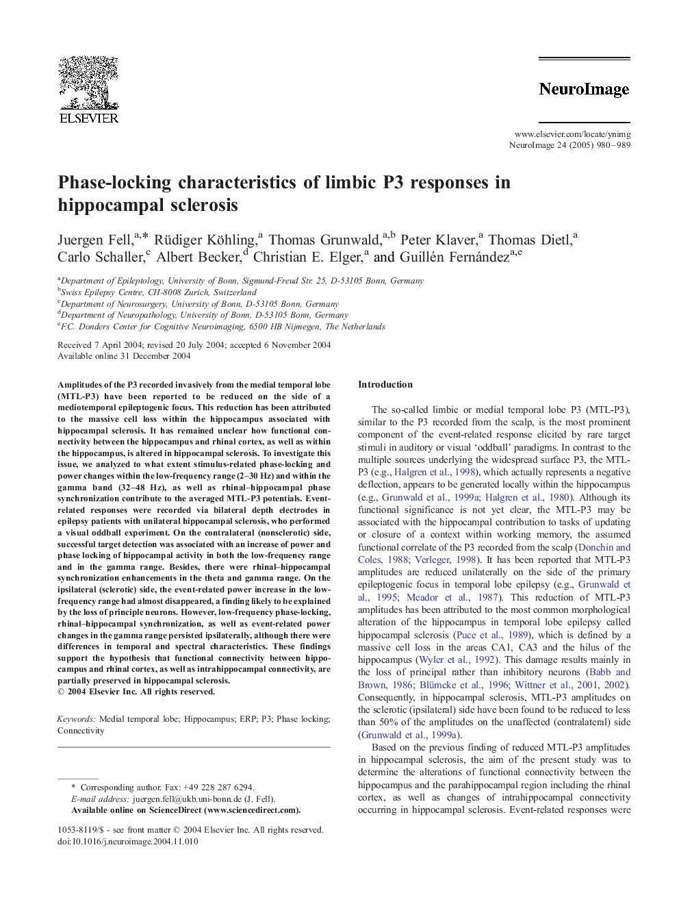 Phase-locking characteristics of limbic P3 responses in hippocampal sclerosis