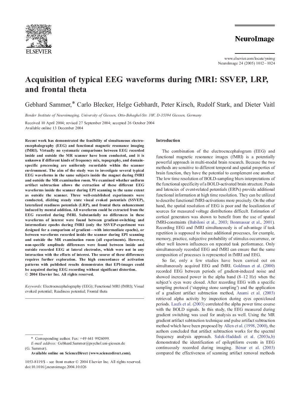 Acquisition of typical EEG waveforms during fMRI: SSVEP, LRP, and frontal theta