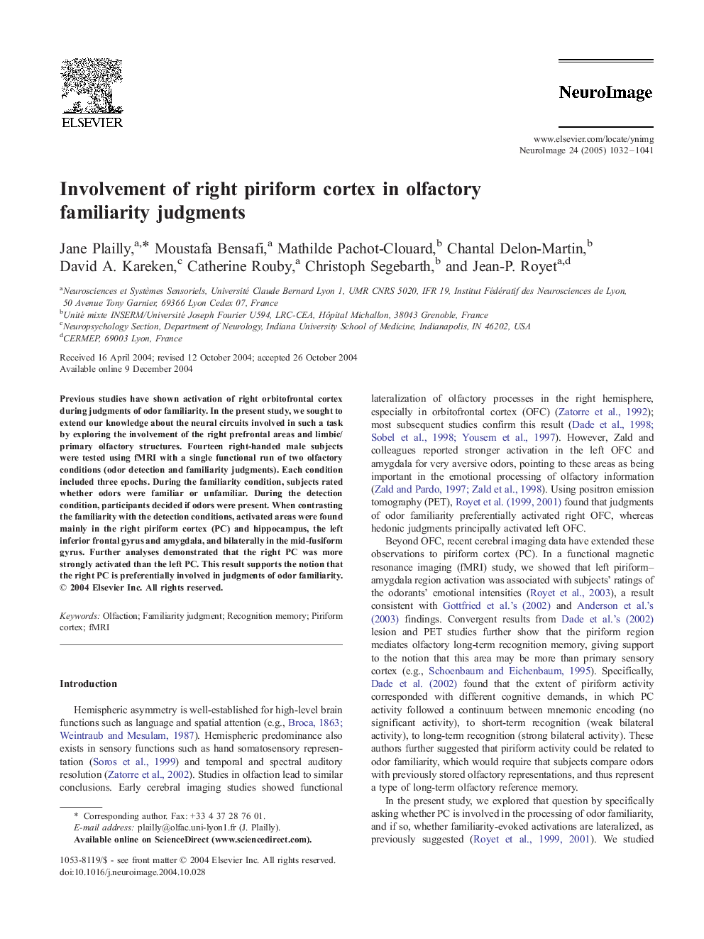 Involvement of right piriform cortex in olfactory familiarity judgments