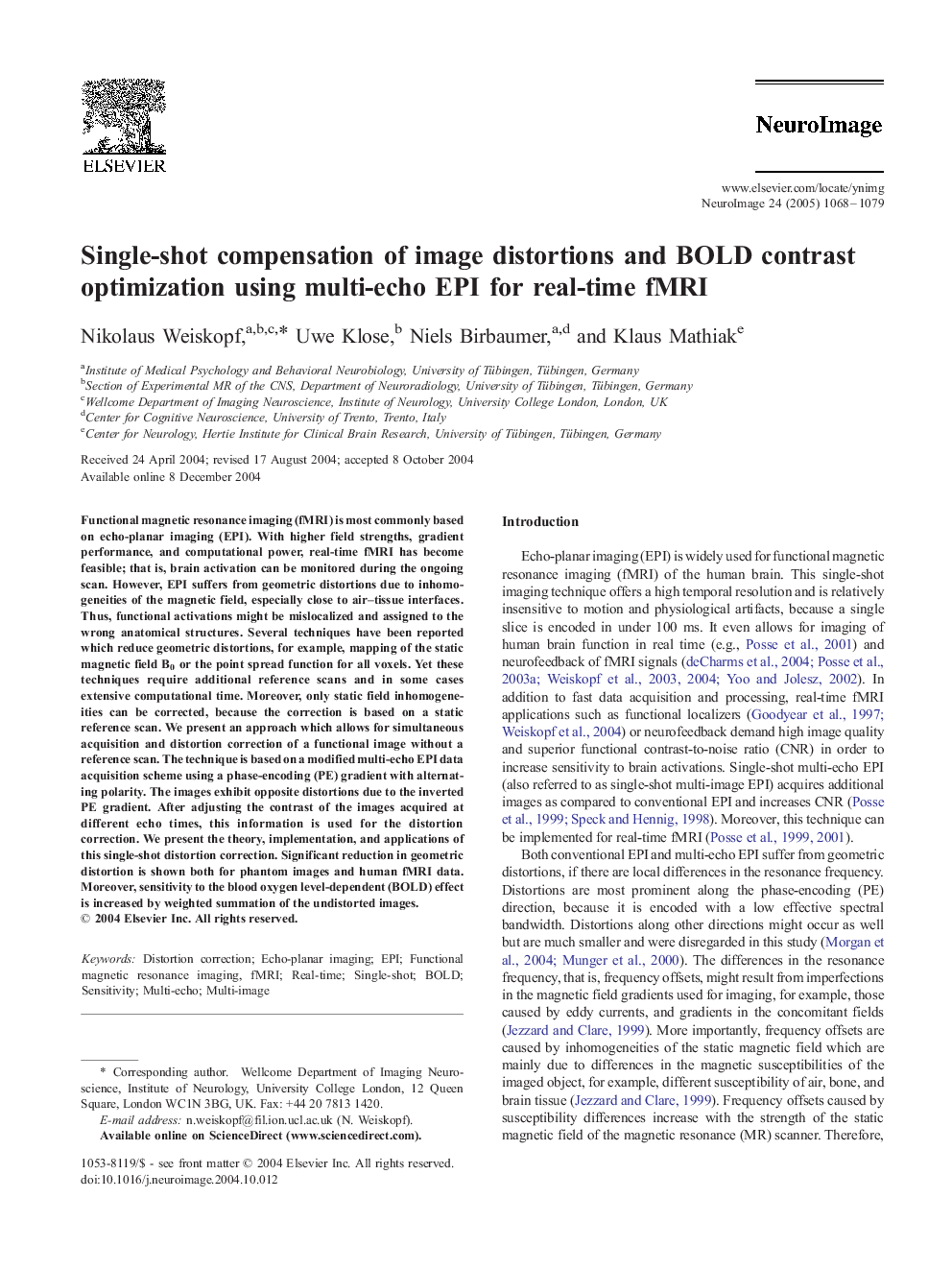 Single-shot compensation of image distortions and BOLD contrast optimization using multi-echo EPI for real-time fMRI