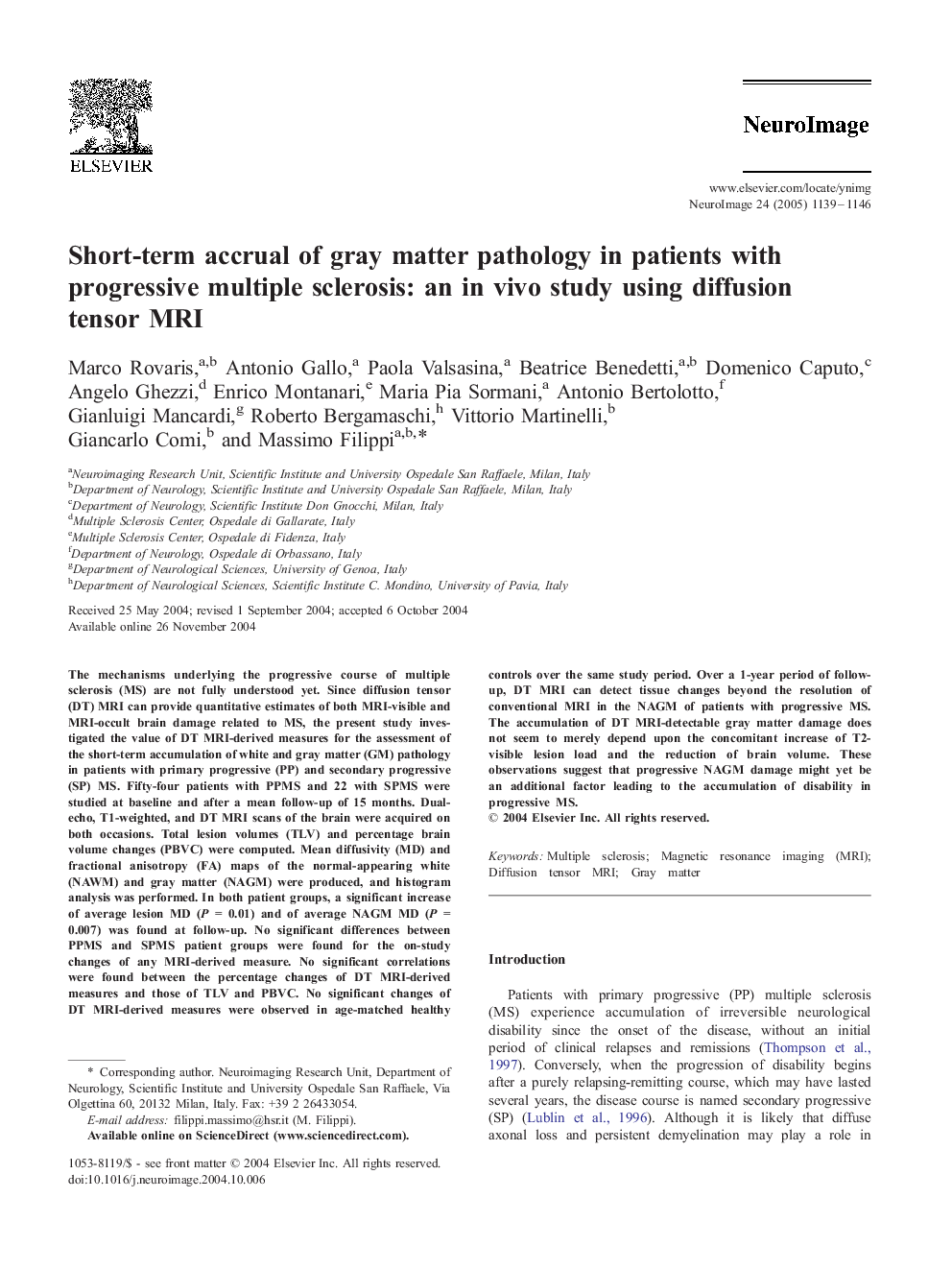 Short-term accrual of gray matter pathology in patients with progressive multiple sclerosis: an in vivo study using diffusion tensor MRI