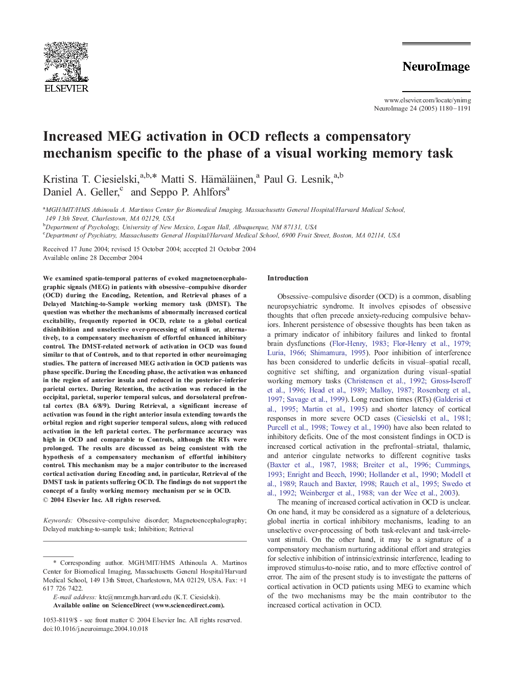 Increased MEG activation in OCD reflects a compensatory mechanism specific to the phase of a visual working memory task