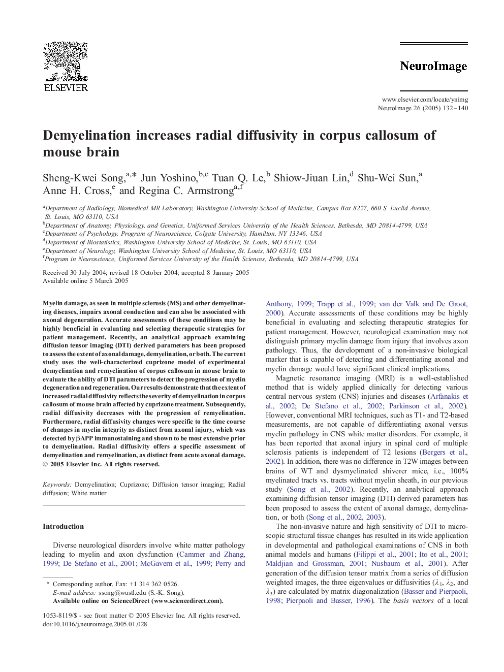 Demyelination increases radial diffusivity in corpus callosum of mouse brain