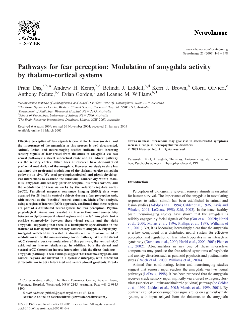 Pathways for fear perception: modulation of amygdala activity by thalamo-cortical systems