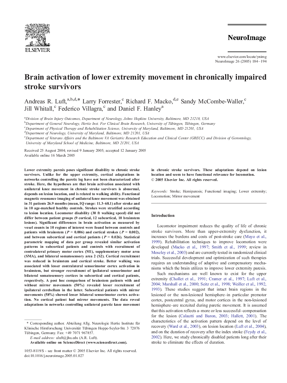 Brain activation of lower extremity movement in chronically impaired stroke survivors