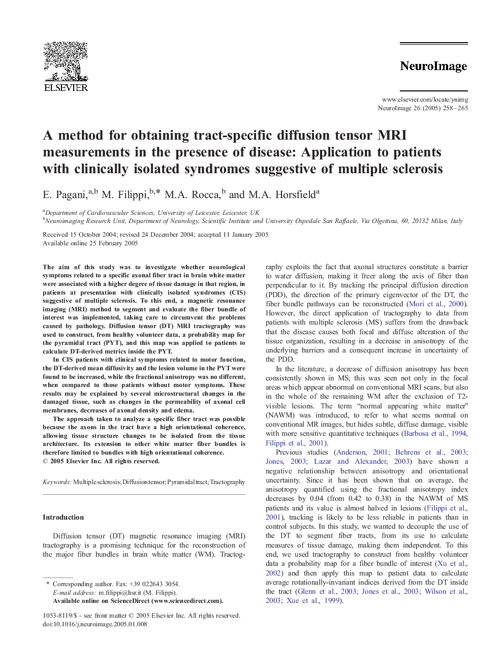 A method for obtaining tract-specific diffusion tensor MRI measurements in the presence of disease: application to patients with clinically isolated syndromes suggestive of multiple sclerosis