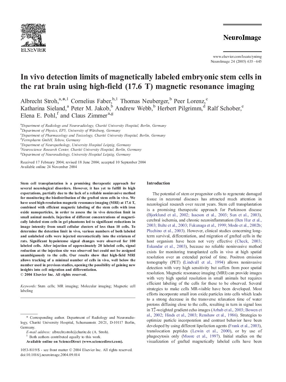 In vivo detection limits of magnetically labeled embryonic stem cells in the rat brain using high-field (17.6 T) magnetic resonance imaging