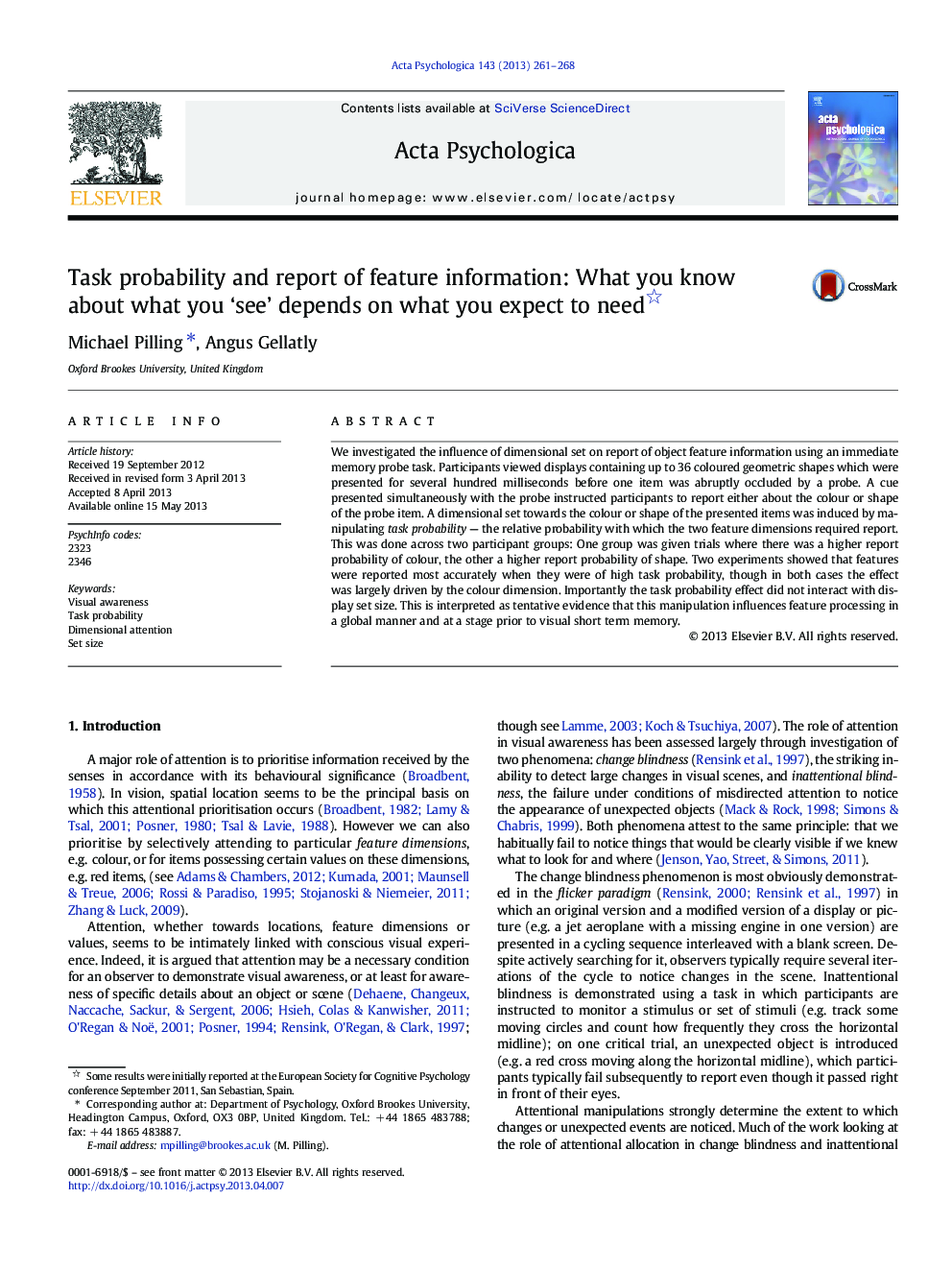 Task probability and report of feature information: What you know about what you ‘see’ depends on what you expect to need 