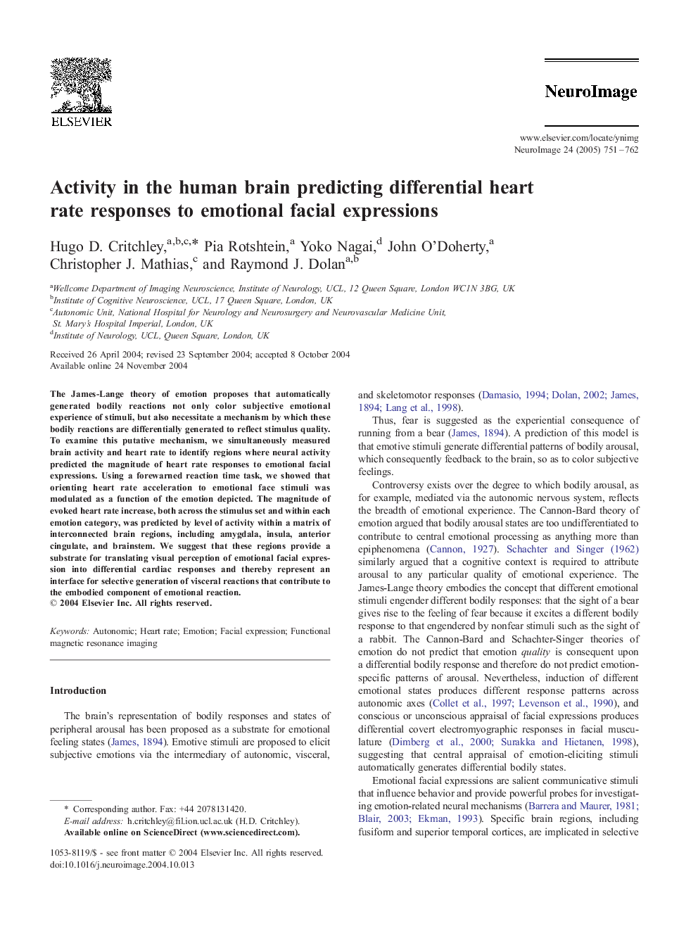 Activity in the human brain predicting differential heart rate responses to emotional facial expressions