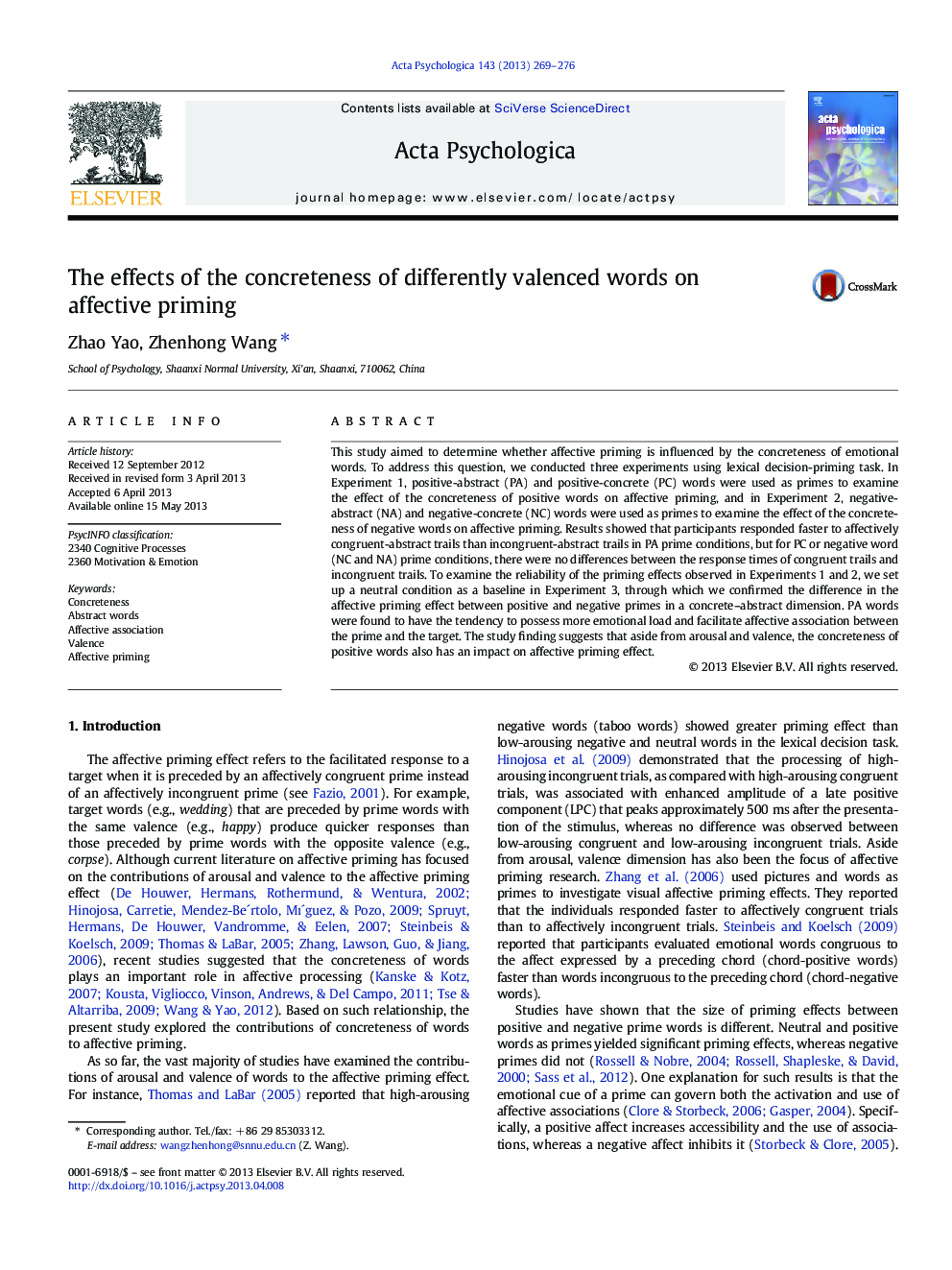 The effects of the concreteness of differently valenced words on affective priming