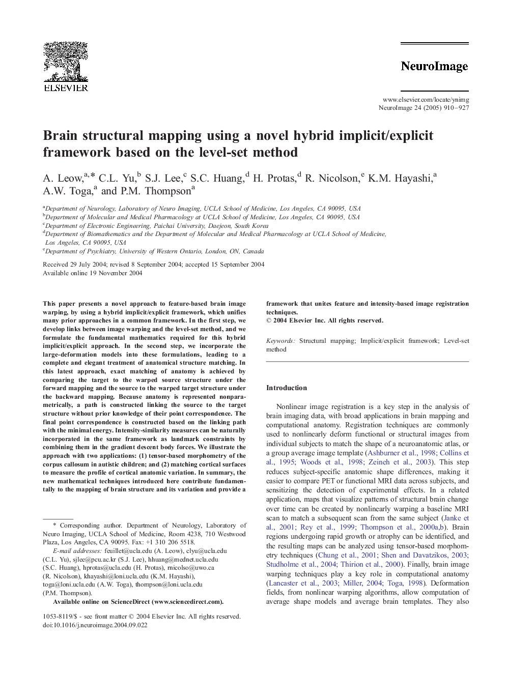 Brain structural mapping using a novel hybrid implicit/explicit framework based on the level-set method