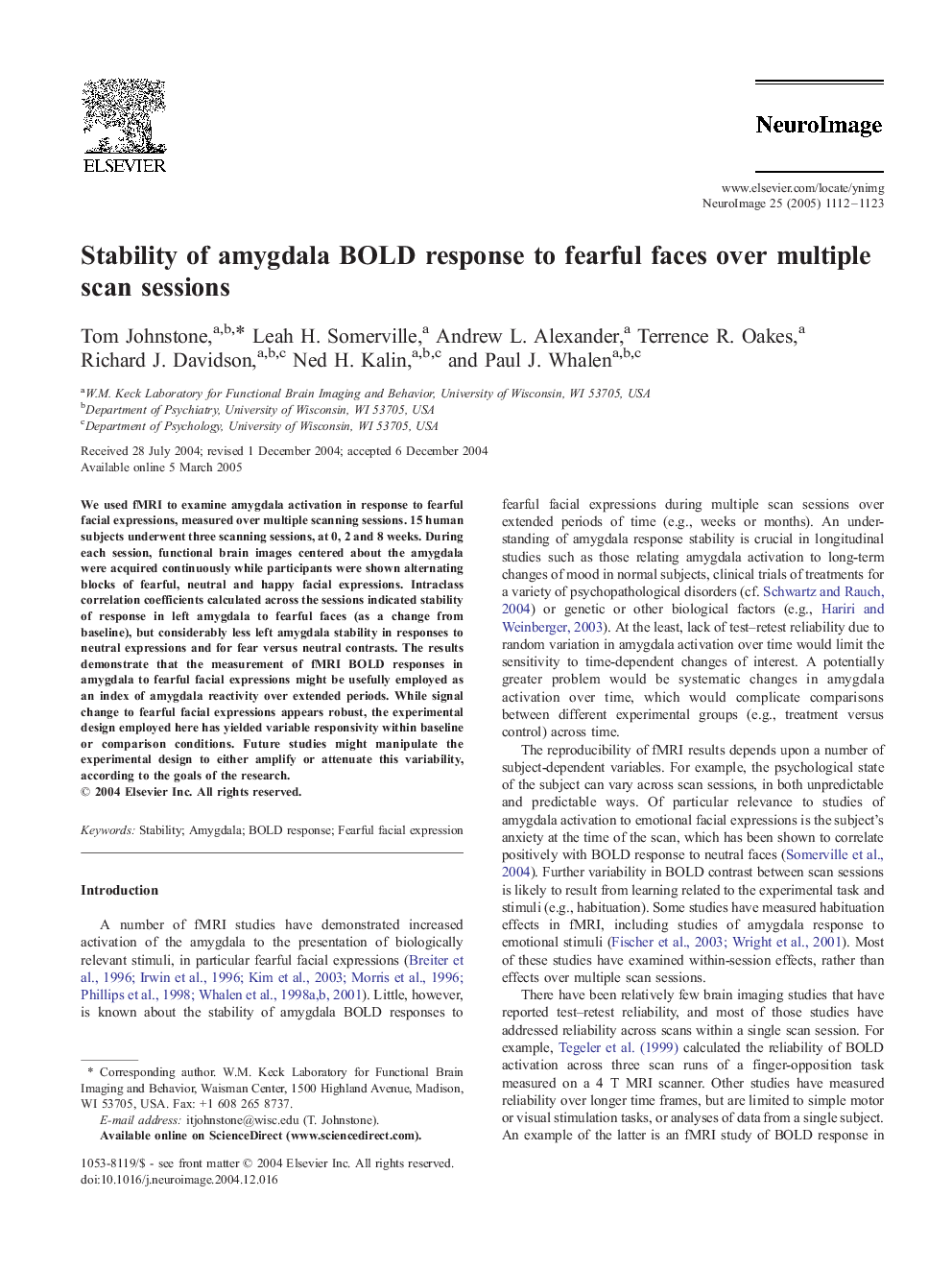 Stability of amygdala BOLD response to fearful faces over multiple scan sessions