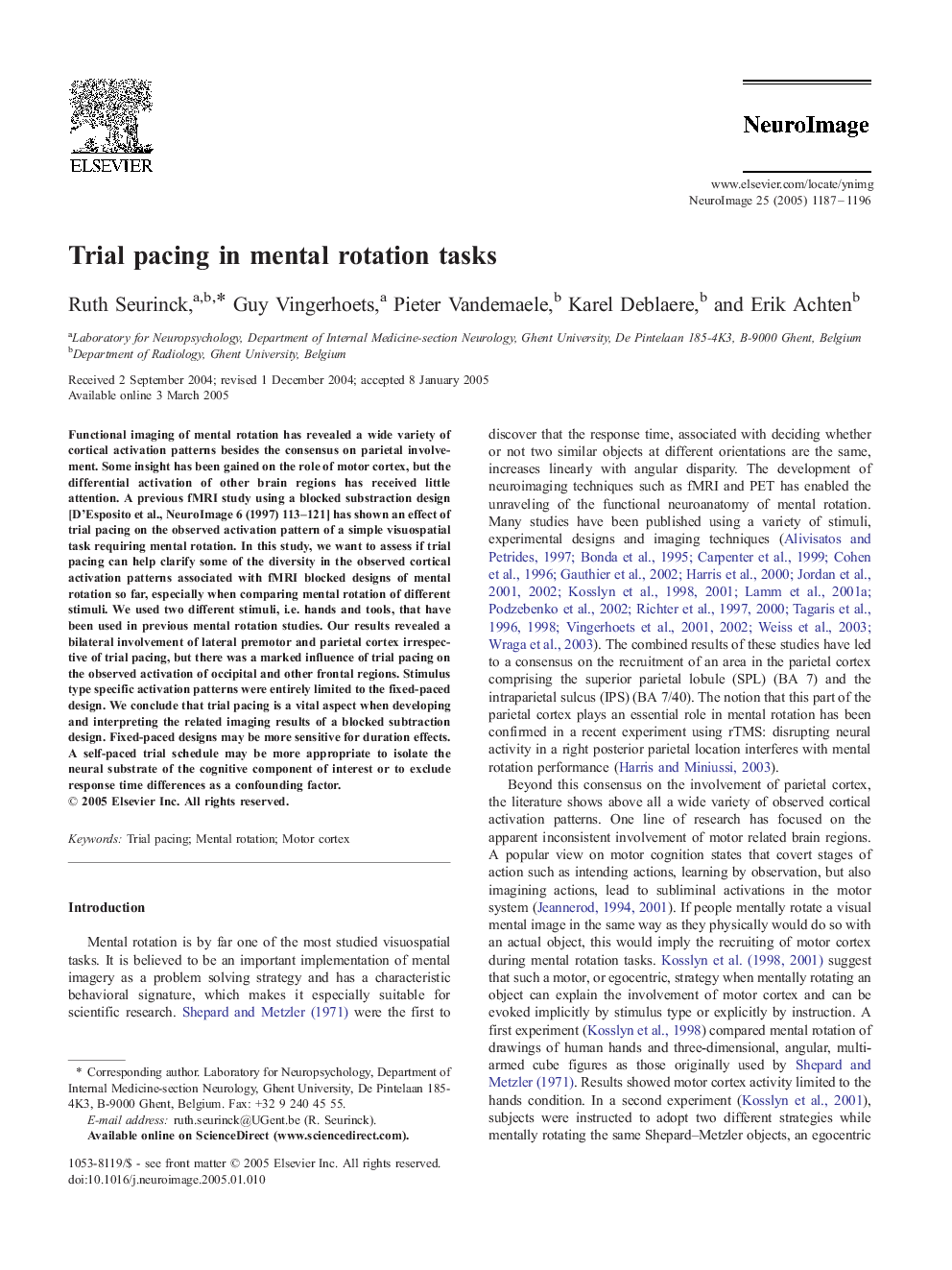 Trial pacing in mental rotation tasks