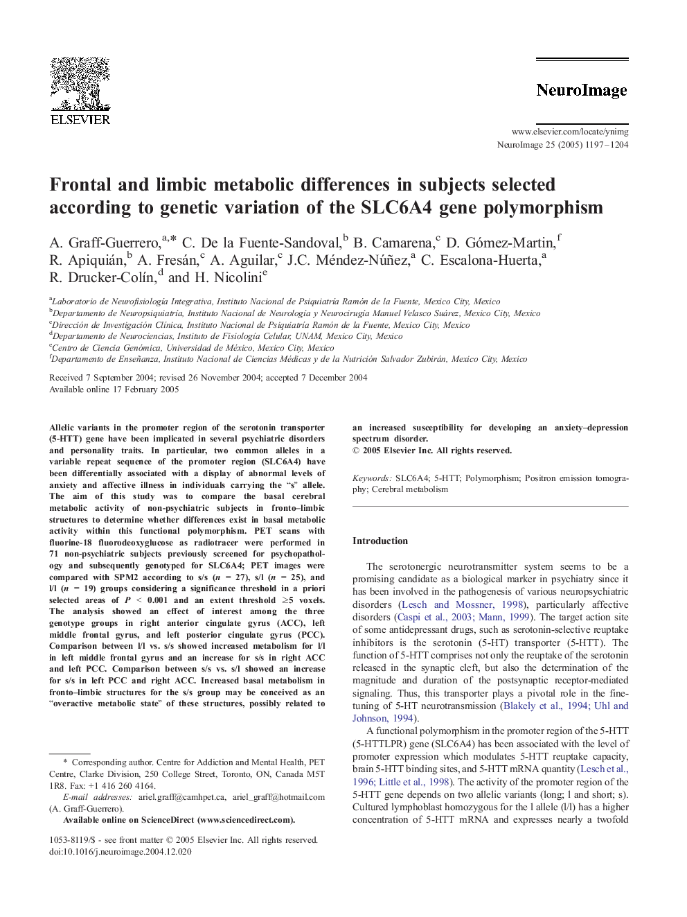 Frontal and limbic metabolic differences in subjects selected according to genetic variation of the SLC6A4 gene polymorphism