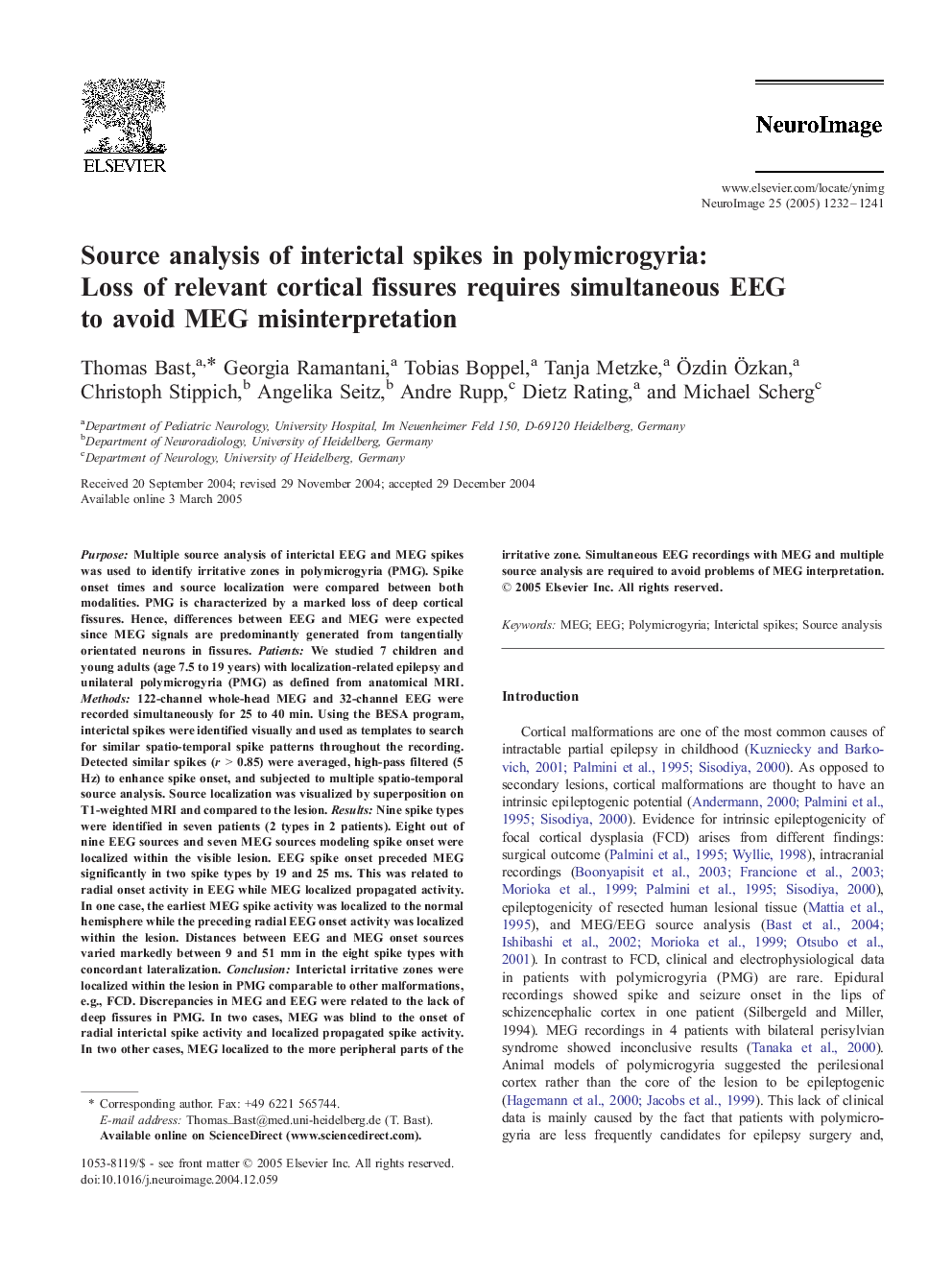 Source analysis of interictal spikes in polymicrogyria: Loss of relevant cortical fissures requires simultaneous EEG to avoid MEG misinterpretation