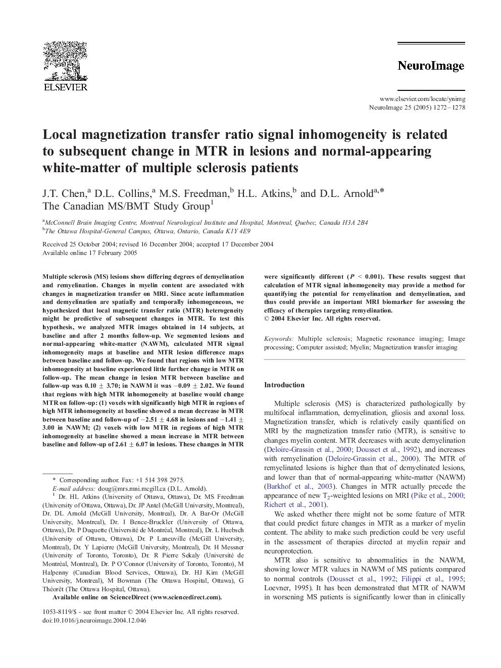 Local magnetization transfer ratio signal inhomogeneity is related to subsequent change in MTR in lesions and normal-appearing white-matter of multiple sclerosis patients