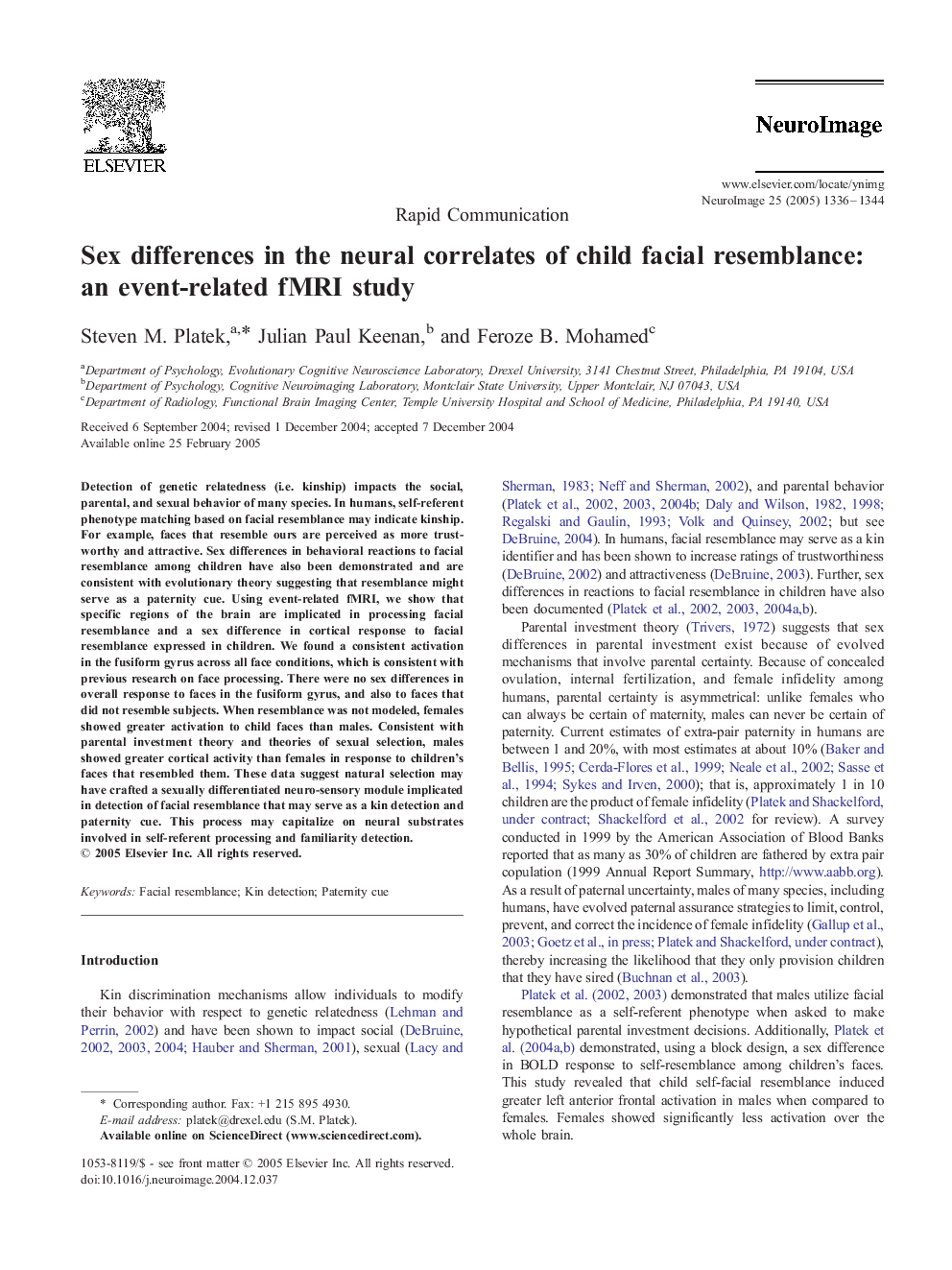 Sex differences in the neural correlates of child facial resemblance: an event-related fMRI study