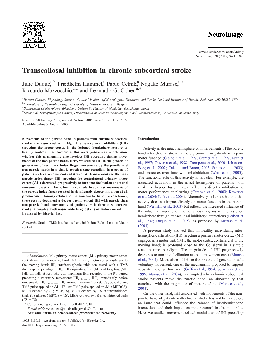 Transcallosal inhibition in chronic subcortical stroke