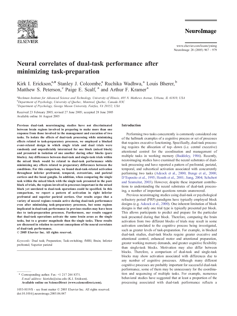 Neural correlates of dual-task performance after minimizing task-preparation